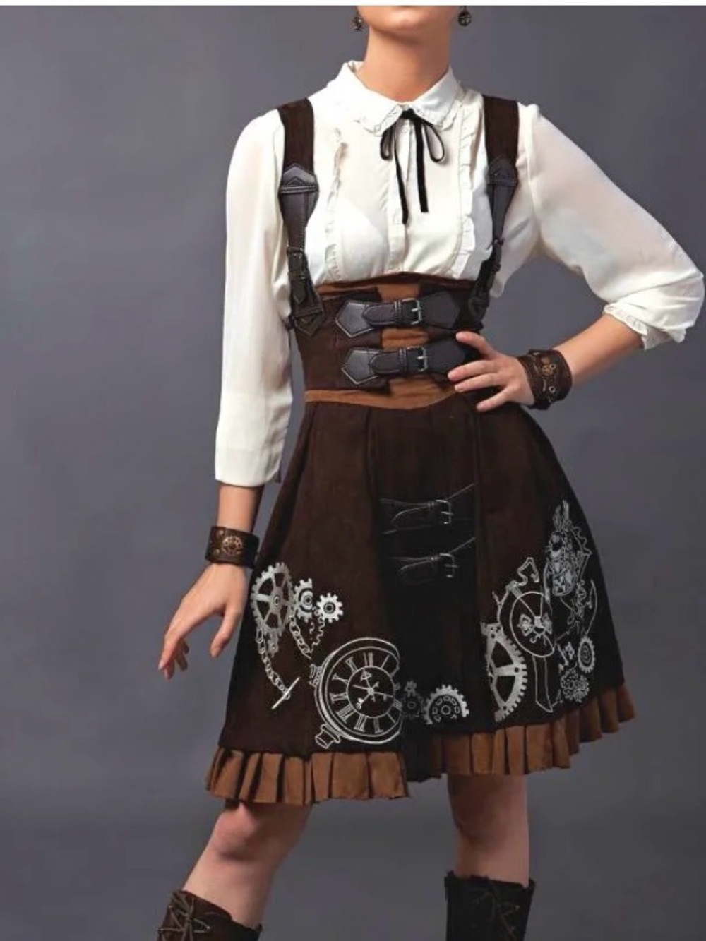 Brown Steampunk Gear Skater Skirt with Suspender Details